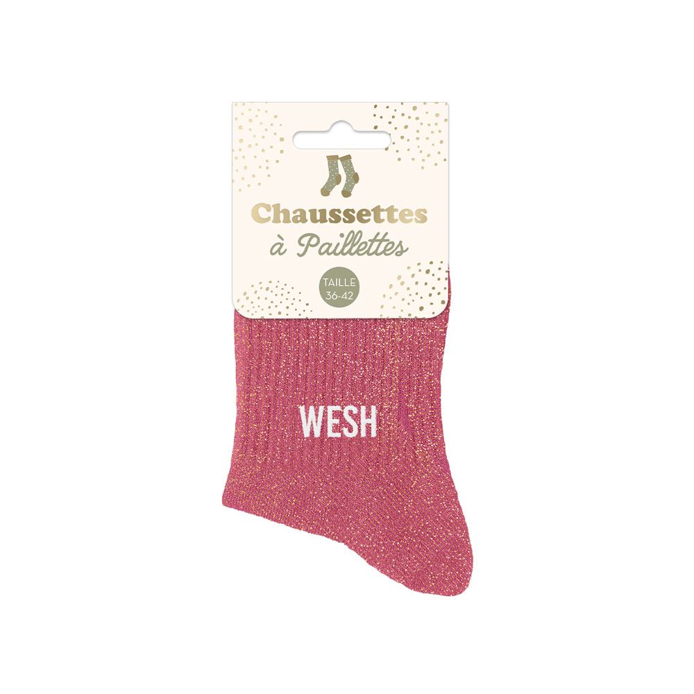 chaussettes roses à paillettes avec la mention Wesh