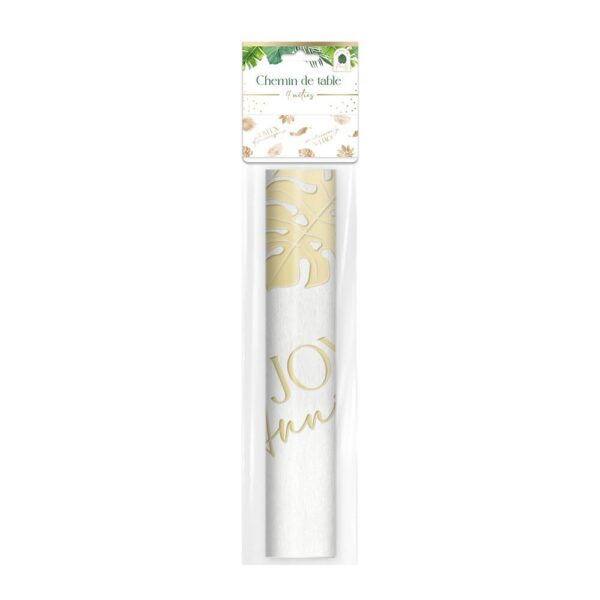 chemin de table blanc de 4 m se compose d'u motif de feuilles tropicales dorées ainsi que de la mention "Joyeux Anniversaire" également en doré.