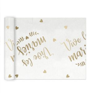 chemin de table blanc mesure 4 m et arbore un motif de petits cœurs dorés avec la mention Vive les Mariés.