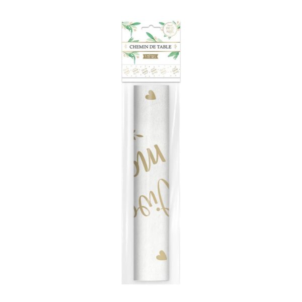 chemin de table blanc mesure 4 m et arbore un motif de petits cœurs dorés avec la mention "Vive les Mariés