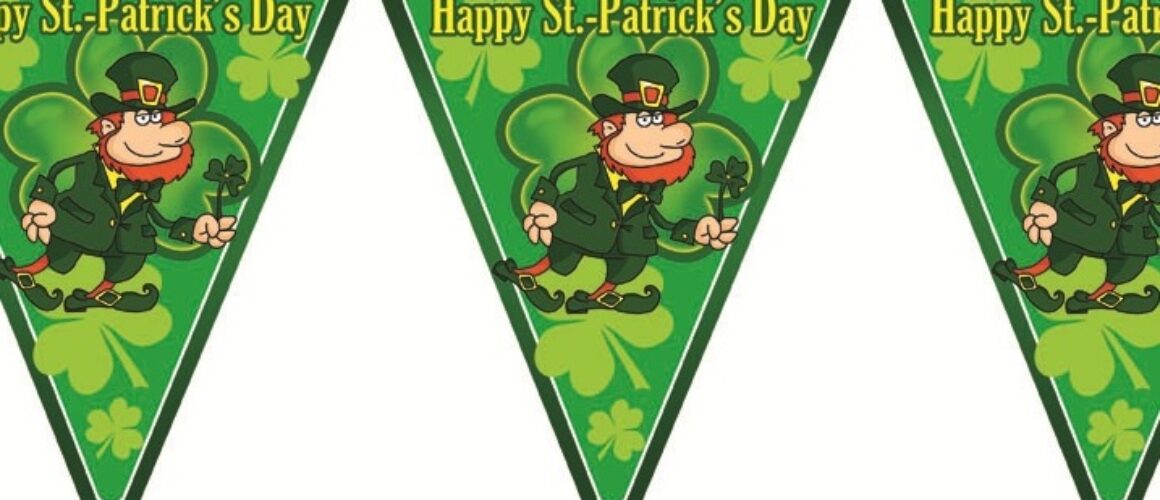 guirlande motif saint patrick avec 10 fanions. matière 100% nylon. dimensions: longueur totale 5m, fanions largeur 19cm environ et hauteur 29cm environ