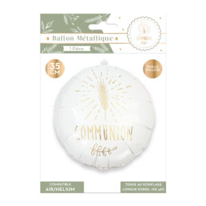 BALLON METALLIQUE COMMUNION. Ce ballon métallique coeur blanc à motifs dorés est idéal pour décorer votre salle de communion de façon originale. Idéal pour une déco originale, ce ballon métallique rond au coloris blanc effet métallisé est idéal pour créer une ambiance unique. De plus ses motifs dorés et sa mention "Communion" sont la touche design qui fera l'unanimité !
