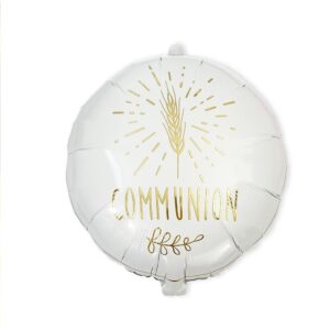 BALLON METALLIQUE COMMUNION. Ce ballon métallique coeur blanc à motifs dorés est idéal pour décorer votre salle de communion de façon originale. Idéal pour une déco originale, ce ballon métallique rond au coloris blanc effet métallisé est idéal pour créer une ambiance unique. De plus ses motifs dorés et sa mention "Communion" sont la touche design qui fera l'unanimité !
