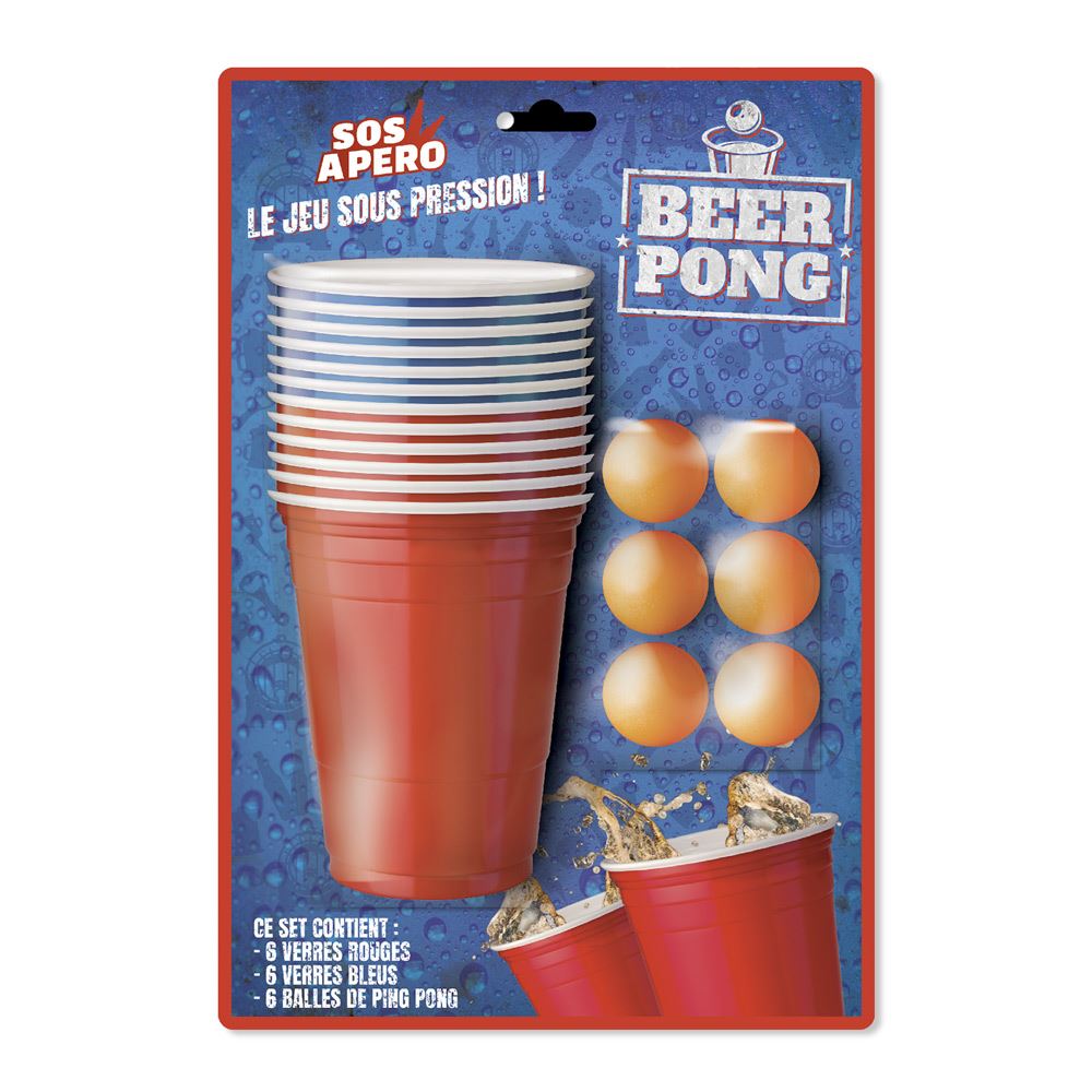 BEER PONG Ce kit de beer pong contient 6 balles et 12 gobelets. Les gobelets géants américain sont de couleur bleu et rouge. Ils ont une contenance de 500 ml. Pour jouer, vous devez remplir ces verres avec de la bière. Lancez une balle dans l'un des verres de votre adversaire et si vous y arrivez votre adversaire doit boire le contenu du verre. Le premier à avoir tous ses verres vides perd ! Ce kit de beer pong est l'animation idéale à l'occasion d'une soirée entre amis ou de votre anniversaire.