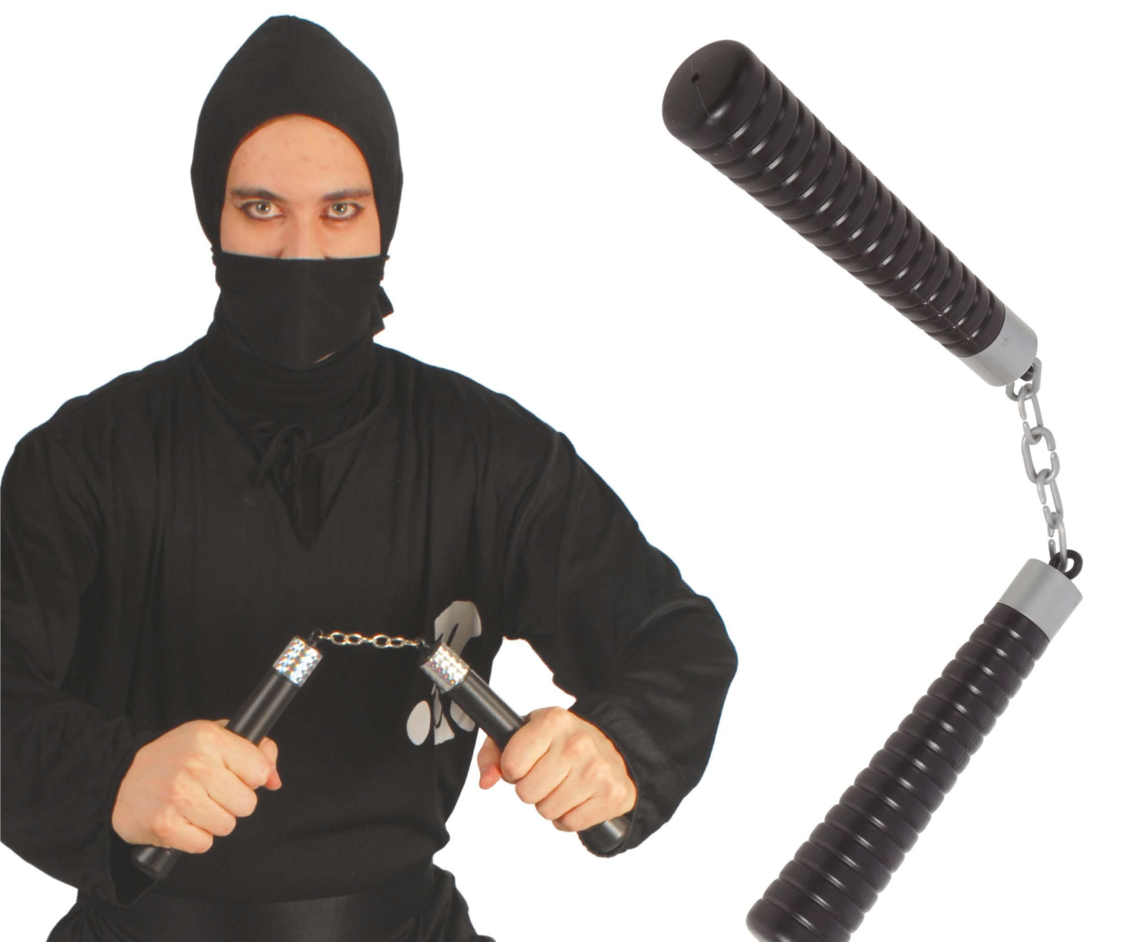 Marre des accessoires de déguisement ennuyeux ? Optez pour notre nunchaku ninja et mettez un peu d'action dans la soirée ! Idéal pour mimer des combats épiques (contre le buffet, par exemple) ou simplement pour ajouter une touche d'originalité à votre look. Maîtrise non garantie, mais fous rires assurés !