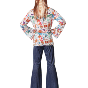 DÉGUISEMENT HIPPIE, ce costume contient: t-shirt et pantalon. Non incluse: ruban pour cheveux et lunettes.