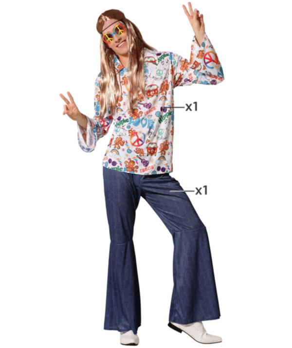 DÉGUISEMENT HIPPIE, ce costume contient: t-shirt et pantalon. Non incluse: ruban pour cheveux et lunettes.