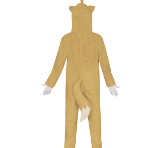 Combinaison marron avec une capuche munie d'oreilles pointues et une queue touffue à l'arrière. Déguisement humoristique idéal pour soirées déguisées ou carnavals.