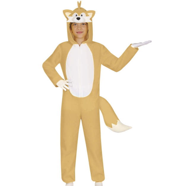 Combinaison marron avec une capuche munie d'oreilles pointues et une queue touffue à l'arrière. Déguisement humoristique idéal pour soirées déguisées ou carnavals.