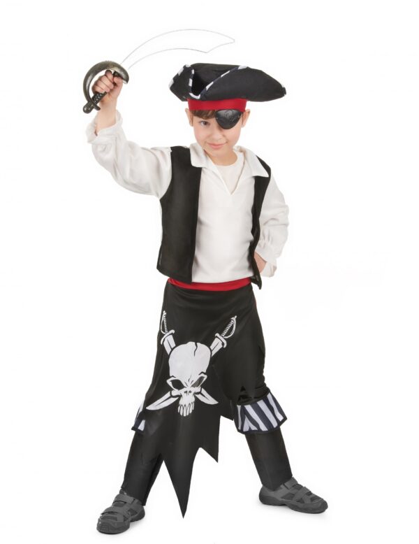 Un vrai pirate des Caraïbes en herbe ! Avec sa ceinture rouge intégrée et sa tête de mort imprimée, ce costume fera de votre enfant un redoutable aventurier des mers. Un déguisement confortable et stylé, parfait pour partir à la chasse aux trésors !