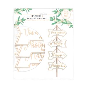 PACK FLECHES DE DIRECTION MARIAGE. Tout en joignant l’utile à l’agréable, orchestrez un espace pour chaque situation avec ce pack de mariage conçu spécialement pour l’occasion. Pack de 4 flèches directionnelles. 1 flèche « vin d’honneur ». 1 flèche « toilette ». 1 flèche « mariage » et 1 flèche « photobooth ». De couleur blanche. Effet doré