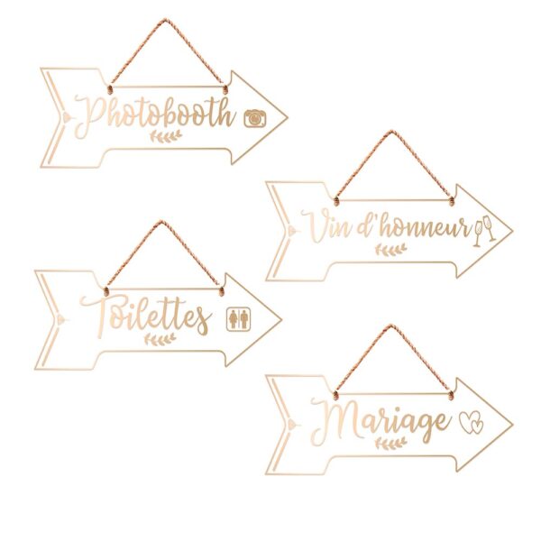 PACK FLECHES DE DIRECTION MARIAGE. Tout en joignant l’utile à l’agréable, orchestrez un espace pour chaque situation avec ce pack de mariage conçu spécialement pour l’occasion. Pack de 4 flèches directionnelles. 1 flèche « vin d’honneur ». 1 flèche « toilette ». 1 flèche « mariage » et 1 flèche « photobooth ». De couleur blanche. Effet doré