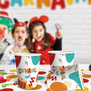 GOBELETS 6 PCS CARNAVAL. Le carnaval approche et vous souhaitez inviter vos amis à votre table ? Nous vous proposons notre pack de 6 gobelets en papier. La bonne humeur et la convivialité seront présentes grâce à nos gobelets présentant des formes abstraites multicolores, un masque bleu, des maracas, un tambour rouge ainsi que la mention "Carnaval" également multicolore.