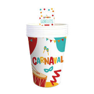 GOBELETS 6 PCS CARNAVAL. Le carnaval approche et vous souhaitez inviter vos amis à votre table ? Nous vous proposons notre pack de 6 gobelets en papier. La bonne humeur et la convivialité seront présentes grâce à nos gobelets présentant des formes abstraites multicolores, un masque bleu, des maracas, un tambour rouge ainsi que la mention "Carnaval" également multicolore.