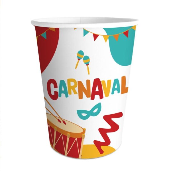 GOBELETS 6 PCS CARNAVAL. Le carnaval approche et vous souhaitez inviter vos amis à votre table ? Nous vous proposons notre pack de 6 gobelets en papier. La bonne humeur et la convivialité seront présentes grâce à nos gobelets présentant des formes abstraites multicolores, un masque bleu, des maracas, un tambour rouge ainsi que la mention "Carnaval" également multicolore.