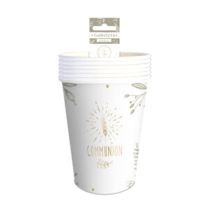 PACK 6 GOBELETS COMMUNION. Mettez en avant votre décoration de table de communion grâce à nos gobelets originaux ! Nos modèles sobres à motifs de colombes dorées sauront embellir votre décoration de table de communion ! Coup de coeur garanti !