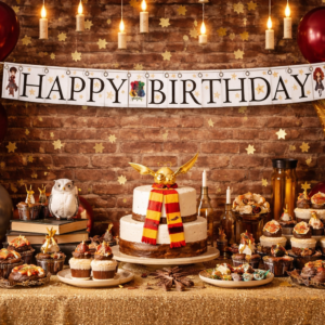 Une guirlande d'anniversaire de 210 cm sur le thème de Harry Potter. Les lettres noires forment les mots "HAPPY BIRTHDAY" sur des fanions blancs décorés d'étoiles dorées. Le blason de Poudlard se trouve au centre, tandis que les personnages de Harry et Hermione illustrent les extrémités.