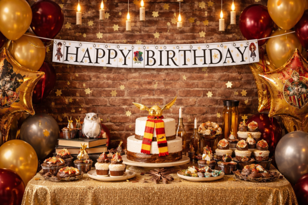 Une guirlande d'anniversaire de 210 cm sur le thème de Harry Potter. Les lettres noires forment les mots "HAPPY BIRTHDAY" sur des fanions blancs décorés d'étoiles dorées. Le blason de Poudlard se trouve au centre, tandis que les personnages de Harry et Hermione illustrent les extrémités.