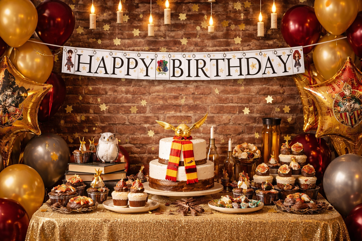 Une guirlande d'anniversaire de 210 cm sur le thème de Harry Potter. Les lettres noires forment les mots "HAPPY BIRTHDAY" sur des fanions blancs décorés d'étoiles dorées. Le blason de Poudlard se trouve au centre, tandis que les personnages de Harry et Hermione illustrent les extrémités.