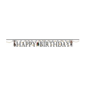 Une guirlande d'anniversaire de 210 cm sur le thème de Harry Potter. Les lettres noires forment les mots "HAPPY BIRTHDAY" sur des fanions blancs décorés d'étoiles dorées. Le blason de Poudlard se trouve au centre, tandis que les personnages de Harry et Hermione illustrent les extrémités.