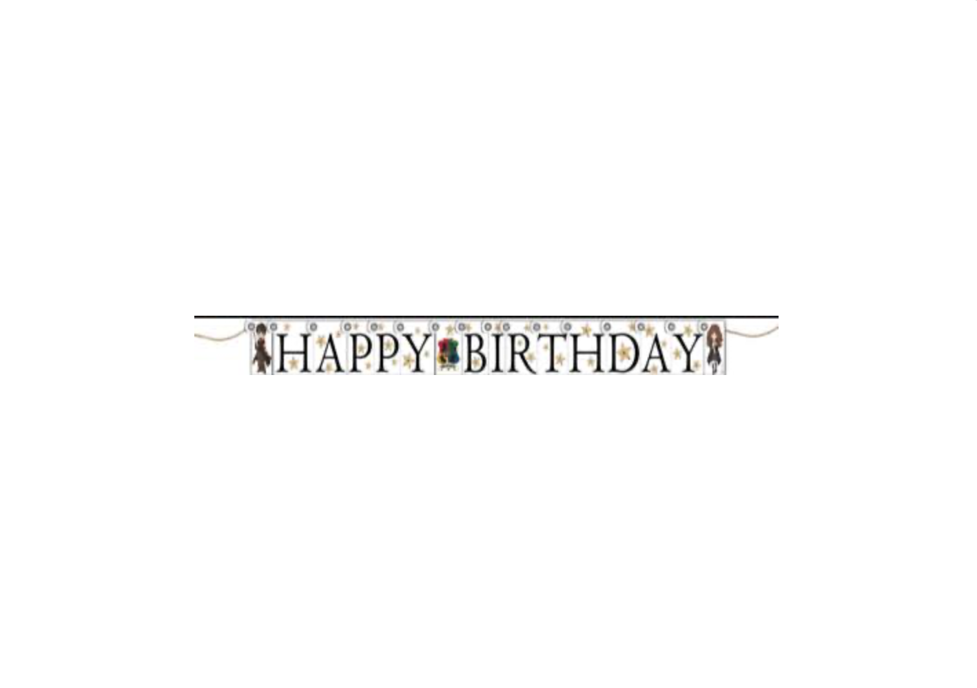 Une guirlande d'anniversaire de 210 cm sur le thème de Harry Potter. Les lettres noires forment les mots "HAPPY BIRTHDAY" sur des fanions blancs décorés d'étoiles dorées. Le blason de Poudlard se trouve au centre, tandis que les personnages de Harry et Hermione illustrent les extrémités.