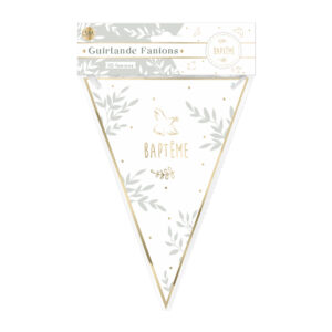 GUIRLANDE FANION BAPTEME. Cette guirlande en fanions Baptême est un accessoire de décoration idéal pour votre fête de baptême. Avec leur design travaillés, cette guirlande fanions baptême illuminera la salle et émerveillera les invités. D’une longueur totale de 3 m, cette guirlande aux fanions blancs effets dorés dispose d'un fil d'attache facile à utiliser. Faites de l'évènement que représente un baptême un moment inoubliable !