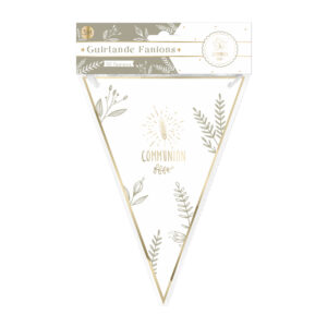 GUIRLANDE FANION COMMUNION. Cette guirlande en fanions Communion est un accessoire de décoration idéal pour votre fête de communion. Avec leur design travaillés, cette guirlande fanions communion illuminera la salle et émerveillera les invités. D’une longueur totale de 3 m, cette guirlande aux fanions blancs effets dorés dispose d'un fil d'attache facile à utiliser. Faites de l'évènement que représente une communion un moment inoubliable !