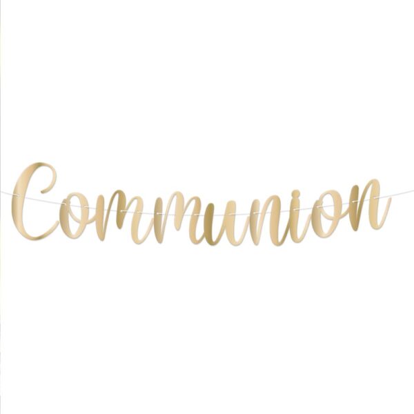 GUIRLANDE LETTRES "COMMUNION", Cette guirlande avec fil" Communion"est idéale pour célébrer une Communion. Dotée d’un design festif et joyeux, cette guirlande dorée ne manquera pas d'impressionner vos invités. D’une longueur totale de 2 mètres, cette guirlande forme le mot "Communion" et est soutenue par un fil liant les lettres. Adaptée aussi bien à une fête en intérieur qu’en extérieur, cette guirlande est équipée d’un fil qui facilite son installation et favorise sa tenue.