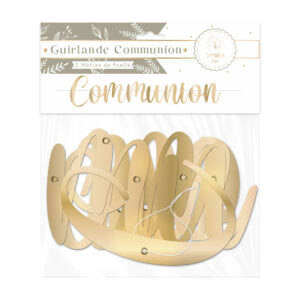 GUIRLANDE LETTRES "COMMUNION", Cette guirlande avec fil" Communion"est idéale pour célébrer une Communion. Dotée d’un design festif et joyeux, cette guirlande dorée ne manquera pas d'impressionner vos invités. D’une longueur totale de 2 mètres, cette guirlande forme le mot "Communion" et est soutenue par un fil liant les lettres. Adaptée aussi bien à une fête en intérieur qu’en extérieur, cette guirlande est équipée d’un fil qui facilite son installation et favorise sa tenue.