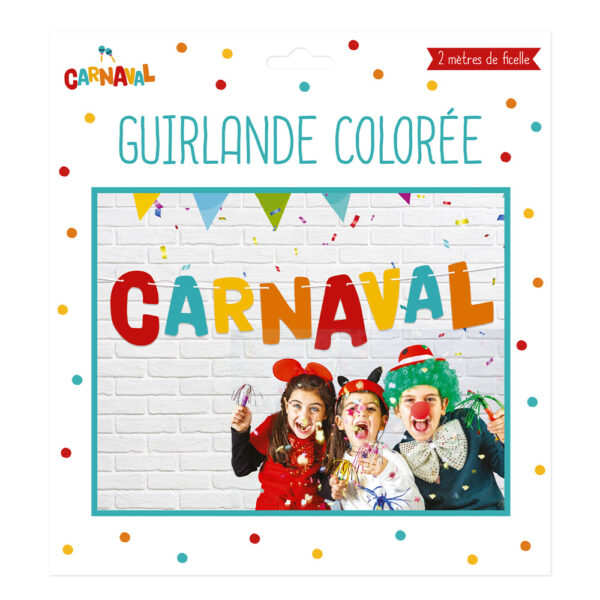 GUIRLANDE LETTRES CARNAVAL. Cette guirlande lettres "Carnaval" est un accessoire de décoration idéal pour égayer la décoration de votre fête lors du Carnaval. Bonne humeur et convivialité garanties ! Avec 2 m de ficelle (1 m pour la guirlande en elle-même), cette dernière épèle le mot "Carnaval" en bleu, rouge, orange et jaune. La guirlande est suspendue par un fil d'attache blanc facile à utiliser