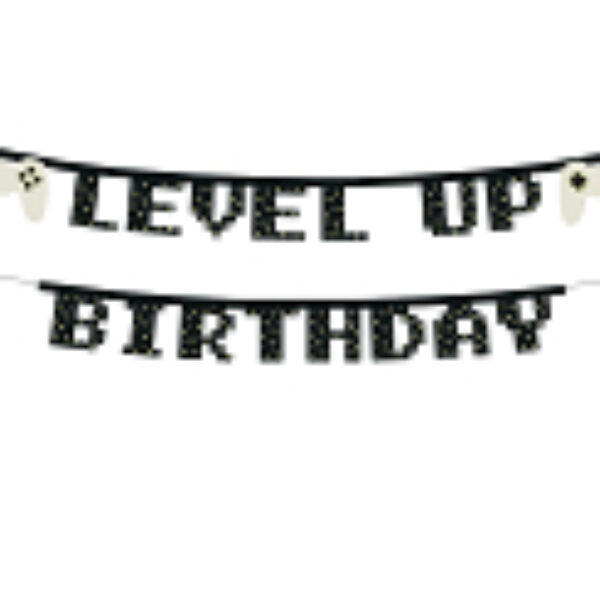 Bannière avec inscription ''Anniversaire Niveau Supérieur'' en couleur noire avec impression colorée incluant 17 œillets, hauteur env. 13 cm, longueur de la bannière env. 2,5 m