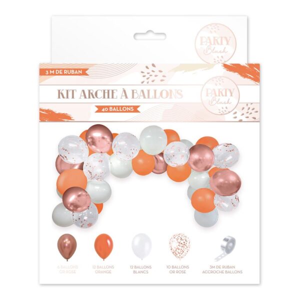 KIT ARCHE BALLONS PARTY BLUSH. Donnez du volume à vos fêtes d'anniversaire avec ce kit arche à ballons quadricolore pour un rendu unique ! Accrochée en présentation ou suspendue au centre de la pièce, cette arche d'anniversaire impressionnera vos invités dès leur arrivée. Composée de quarante ballons de trois modèles différents, cette arche est facile à réaliser et à mettre en place . Elle transformera votre salle de fête en un espace horrifique. Ce kit comprend : 10 ballons transparents à pois multicolores, 12 ballons blancs, 12 ballons oranges, 6 ballons dorés et 3 mètres de ruban accroche ballons.