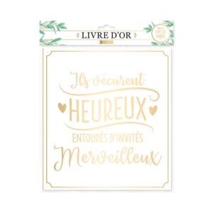 LIVRE D’OR MARIAGE. Avec des notes personnelles, d’autres plus officielles, entre humour et émotion, ce livre d’or sera le meilleur témoin de votre mariage. Avec l’inscription « ils vécurent heureux entourés d’invités merveilleux », Couleur blanc. Effet doré. 30 pages.