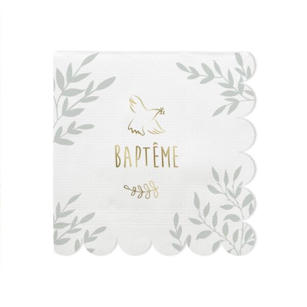 PACK 10 SERVIETTES BAPTEME, Ces serviettes blanches à motifs sont parfaites pour compléter votre décoration de table pour un baptême. Pour créer une décoration de table unique, chaque détail compte. Avec leur élégant design, ces serviettes blanches à motifs naturels et de colombe dorée seront la touche originale qui fera la différence pour votre présentation de table..