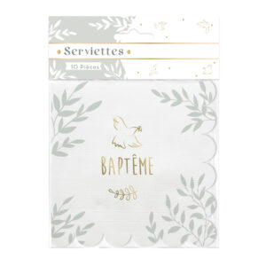 PACK 10 SERVIETTES BAPTEME, Ces serviettes blanches à motifs sont parfaites pour compléter votre décoration de table pour un baptême. Pour créer une décoration de table unique, chaque détail compte. Avec leur élégant design, ces serviettes blanches à motifs naturels et de colombe dorée seront la touche originale qui fera la différence pour votre présentation de table..