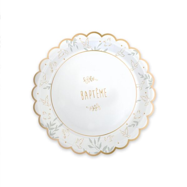 Pack 6 Assiettes Bapteme blanche et or