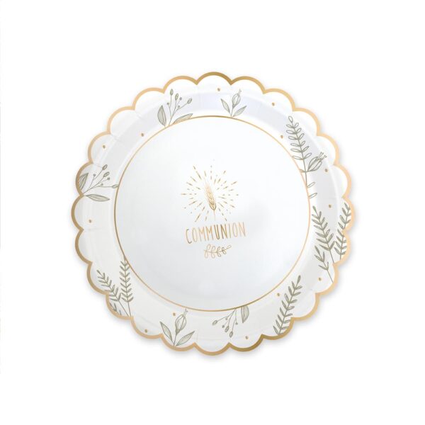 PACK 6 ASSIETTES BAPTEME, Découvrez pour nos packs 6 assiettes de baptême conçue exclusivement pour l’événement ! Pour créer une décoration de table unique, chaque détail compte. Avec leur élégant design, ces assiettes blanches à motifs naturels et de colombes dorées seront la touche originale qui fera la différence pour votre présentation de table. Elle comprend la mention "Baptême" en son centre en doré pour plus de design.