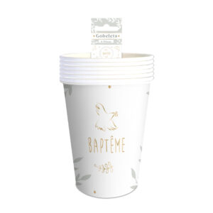 PACK 6 GOBELETS BAPTEME. Mettez en avant votre décoration de table de baptême grâce à nos gobelets originaux ! Nos modèles sobres à motifs de colombes dorées sauront embellir votre décoration de table de baptême !