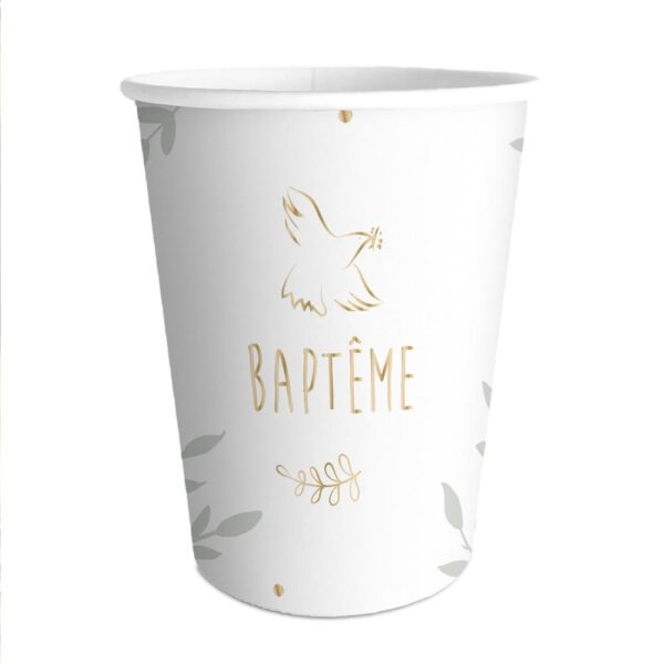 PACK 6 GOBELETS BAPTEME. Mettez en avant votre décoration de table de baptême grâce à nos gobelets originaux ! Nos modèles sobres à motifs de colombes dorées sauront embellir votre décoration de table de baptême !