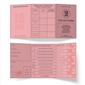 PERMIS 18 ANS "TOUT EST PERMIS". Pour un cadeau humoristique à offrir pour fêter une majorité, optez pour notre faux permis d'anniversaire 18 ans "Tout est permis". Ce faux permis d'anniversaire rose à 3 volets reprend le design des anciens permis de conduire mais avec une touche humoristique comme notamment des conditions particulières d'usage, une durée de validité et un cachet rouge "République des Apéros".