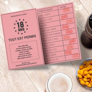 PERMIS 18 ANS "TOUT EST PERMIS". Pour un cadeau humoristique à offrir pour fêter une majorité, optez pour notre faux permis d'anniversaire 18 ans "Tout est permis". Ce faux permis d'anniversaire rose à 3 volets reprend le design des anciens permis de conduire mais avec une touche humoristique comme notamment des conditions particulières d'usage, une durée de validité et un cachet rouge "République des Apéros".
