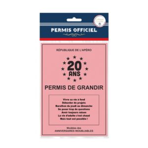 PERMIS 20 ANS "PERMIS DE GRANDIR". Pour un cadeau humoristique à offrir pour fêter un 20e anniversaire, optez pour notre faux permis d'anniversaire 20 ans "Permis de grandir". Ce faux permis d'anniversaire rose à 3 volets reprend le design des anciens permis de conduire mais avec une touche humoristique comme notamment des conditions particulières d'usage, une durée de validité et un cachet rouge "République des Apéros".