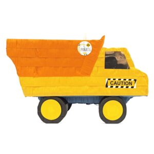 PINATA CAMION ANNIVERSAIRE CHANTIER. Notre piñata Party Chantier est une excellente idée pour défouler les enfants et y cacher des bonbons lors d'un anniversaire. Cette belle piñata à suspendre prend la forme d'un grand camion jaune avec une benne orange.