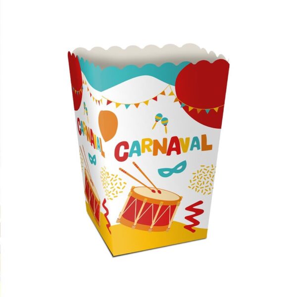 POTS BONBONS 6 PCS CARNAVAL. Pour régaler petits et grands lors de vos festivités du Carnaval, optez pour notre sachet de 6 pots à bonbons. La bonne humeur et la convivialité seront présentes grâce à nos pots à bonbons, qui une fois montés, vous rappelleront sans doute les boîtes à pop-corn. Les pots à bonbons arborent sur chaque face la mention multicolore "Carnaval" avec des formes abstraites, un tambour, des maracas, un masque et une longue guirlande multicolore.