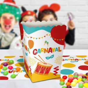 POTS BONBONS 6 PCS CARNAVAL. Pour régaler petits et grands lors de vos festivités du Carnaval, optez pour notre sachet de 6 pots à bonbons. La bonne humeur et la convivialité seront présentes grâce à nos pots à bonbons, qui une fois montés, vous rappelleront sans doute les boîtes à pop-corn. Les pots à bonbons arborent sur chaque face la mention multicolore "Carnaval" avec des formes abstraites, un tambour, des maracas, un masque et une longue guirlande multicolore.