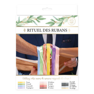 RITUEL DES RUBANS MARIAGE. Pour célébrer une union de manière originale et colorée, nous vous proposons notre jeu du rituel des rubans. Le marié et la mariée se tiennent les mains entourées de rubans de différentes couleurs. Le ruban qu'ils tireront donnera alors la couleur de leur union. Les rubans colorés indiquent : Jaune = Joie / Vert = Santé / Sincérité = Bleu / Violet = Puissance / Rose = Bonheur / Saumon = Bonté / Rouge = Passion / Marron = Maison / Blanc = Pureté / Gris Foncé = Équilibre / Noir = Sagesse / Gris = Créativité / Doré = Richesse.