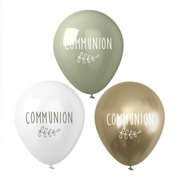 SACHET 8 BALLONS COMMUNION. Avec une touche d’élégance et d'originalité, fêtez une communion avec nos ballons tricolores. Simples et faciles à gonfler, ces ballons blancs, verts et dorés sont une idée originale de décoration pour une communion. Pour rendre ce moment magique, il ne vous reste plus qu’à les installer et le tour est joué !