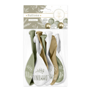 SACHET 8 BALLONS COMMUNION. Avec une touche d’élégance et d'originalité, fêtez une communion avec nos ballons tricolores. Simples et faciles à gonfler, ces ballons blancs, verts et dorés sont une idée originale de décoration pour une communion. Pour rendre ce moment magique, il ne vous reste plus qu’à les installer et le tour est joué !