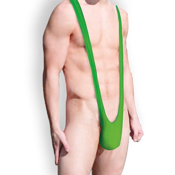 Slip de type mankini vert fluo en tissu extensible, couvrant l'entrejambe avec deux bretelles fines passant sur les épaules. Accessoire humoristique idéal pour des soirées festives ou des enterrements de vie de garçon.