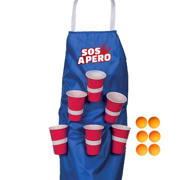 Apportez une touche originale à vos soirées avec le Tablier Bière Pong ! Ce jeu est l’indispensable pour tous ceux qui aiment mélanger compétition et fous rires. 6 gobelets rouges, 6 balles oranges et un tablier bleu : il suffit de viser et de lancer la balle pour faire tomber votre adversaire dans le piège du shot ! Ce jeu est le compagnon parfait pour des soirées déjantées et des souvenirs mémorables. 🍻